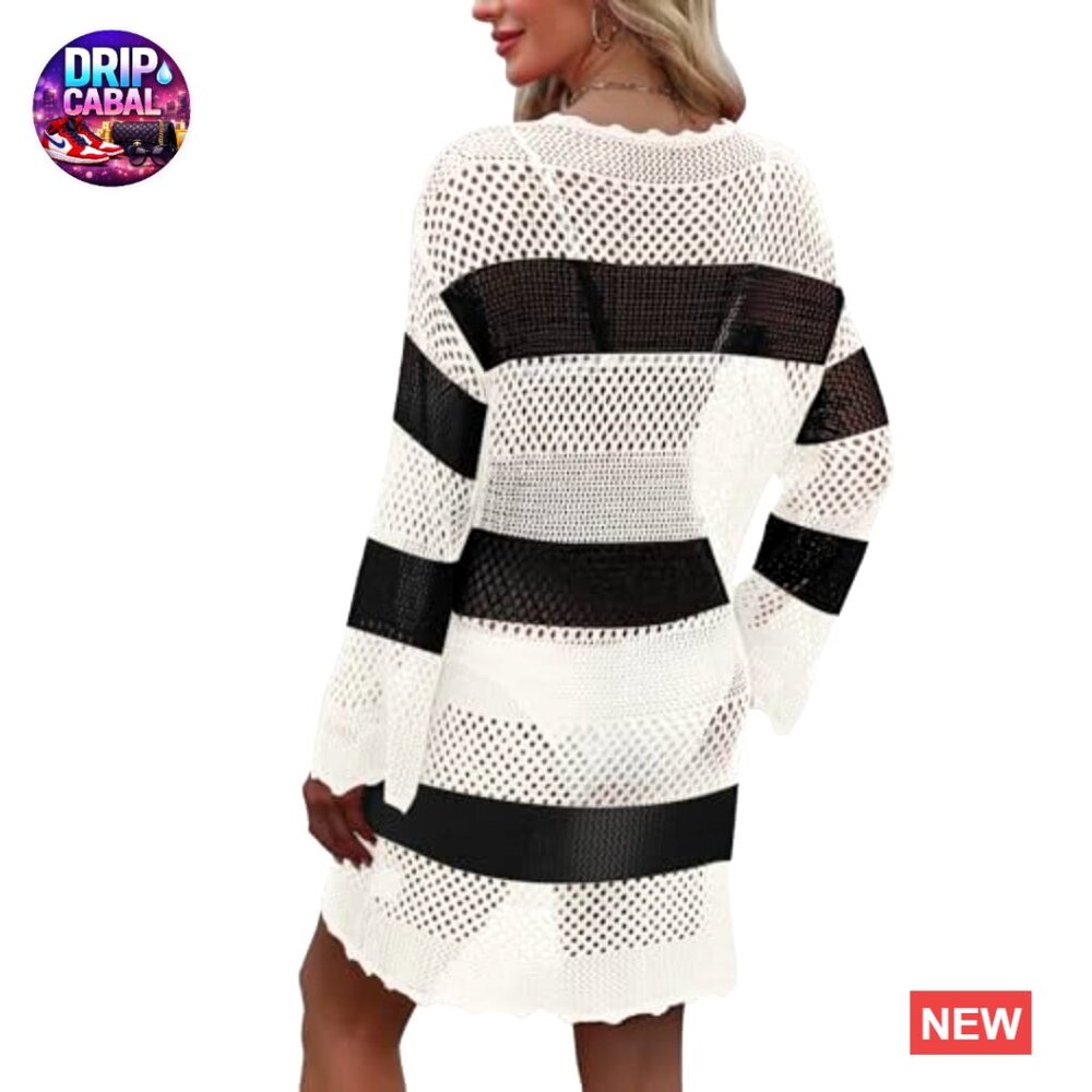 Crochet Beach Cover Up Long Sleeve Hollow Out Pattern - Picture 2 of 6